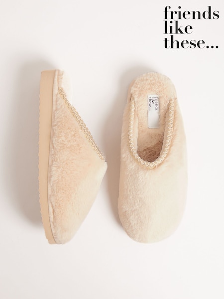 Friends Like These Neutral Supersoft Embroidered Tape Faux Fur Nightwear Mule Slippers (F86195) | SGD 29