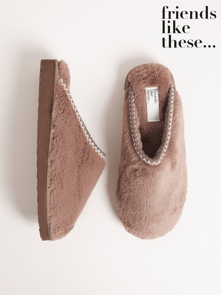 Friends Like These Chocolate Brown Supersoft Embroidered Tape Faux Fur Nightwear Mule Slippers (F86199) | €20