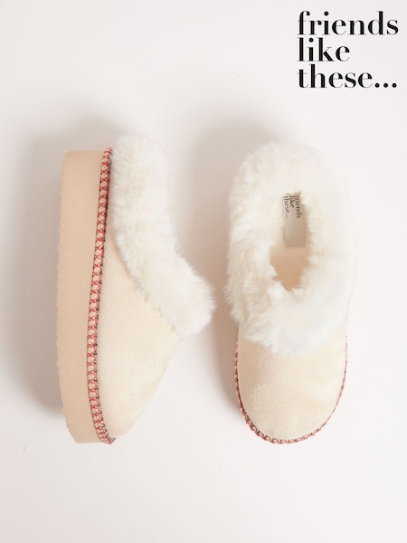 Friends Like These Cream Faux Fur Cuff Embroidered Tape Nightwear Mule Slipper (F86200) | €27