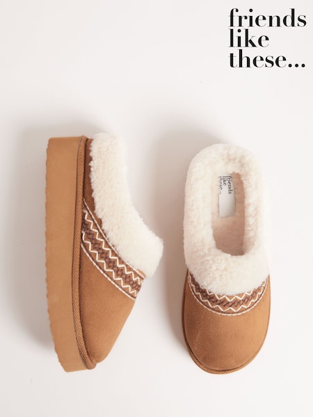 Friends Like These Tan Brown Faux Fur Cuff Embroidered Tape Nightwear Mule Slippers (F86202) | €25
