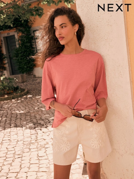 Rose Pink Short Sleeve Slub Jersey Crew Neck T-Shirt (F86218) | R$ 85