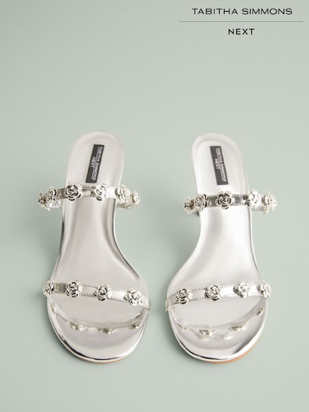 Silver Tabitha Simmons x Next Flora Leather Double Flower Detail Heel Mules (F86233) | € 180