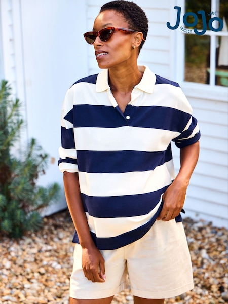 JoJo Maman Bébé Navy White Stripe Rugby Polo Maternity Top (F86286) | AED210