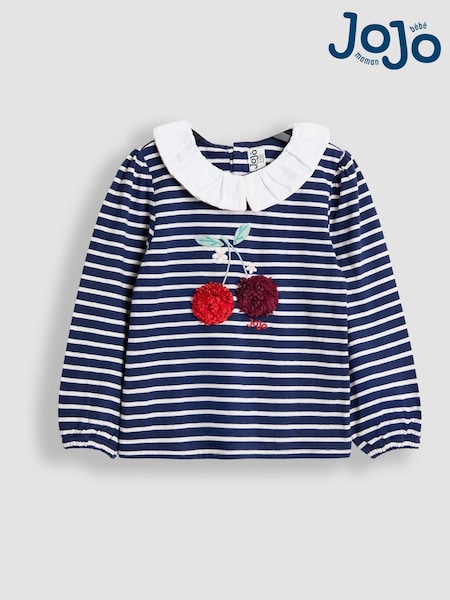 JoJo Maman Bébé Blue Appliqué Collar Stripe Top (F86292) | €30 - €32