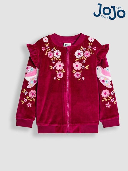 JoJo Maman Bébé Berry Floral Bird Embroidered Frill Velour Jacket (F86336) | €38 - €42