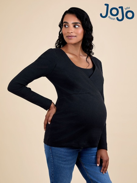 JoJo Maman Bébé Black Wrap Maternity & Nursing Long Sleeve Ribbed Top (F86341) | AED172