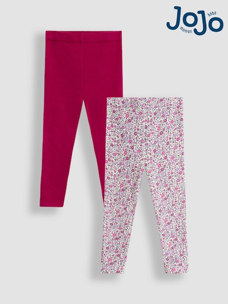 JoJo Maman Bébé Berry Pink Floral Fleece-Lined Printed Leggings 2 Pack (F86343) | €34 - €38