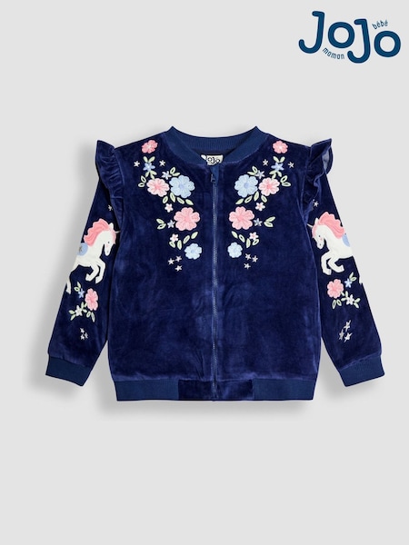JoJo Maman Bébé Blue Embroidered Frill Velour Jacket (F86413) | AED157 - AED175