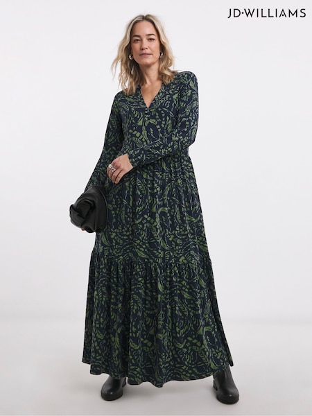 JD Williams Green Print Supersoft Jersey Long Sleeve Notch Neck Midi Dress (F86540) | €40