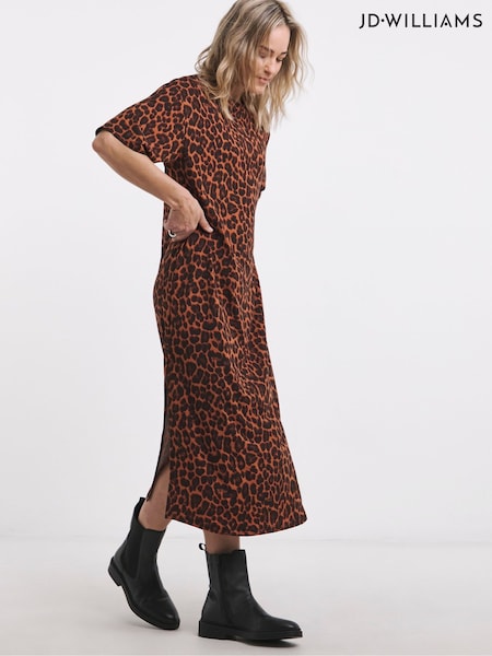 JD Williams Red Soft Touch Leopard Print Half Sleeve Midi T-Shirt Dress (F86543) | €42