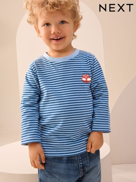 Blue/Navy Stripe Fox Long Sleeve Appliqué T-Shirt (3mths-7yrs) (F86553) | 30 QAR - 40 QAR