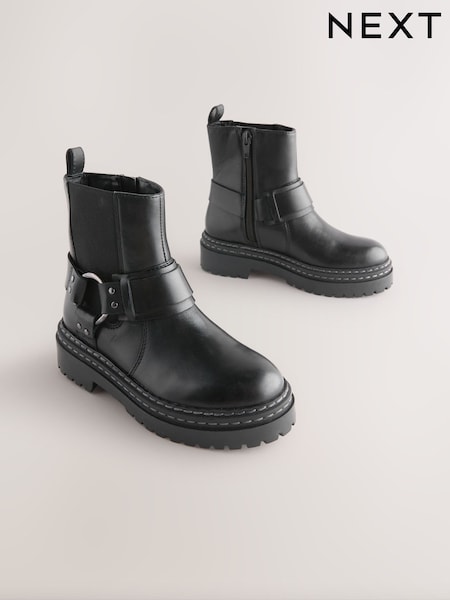 Black Wide Fit (G) Leather Chunky Harness Boots (F86577) | €53 - €62