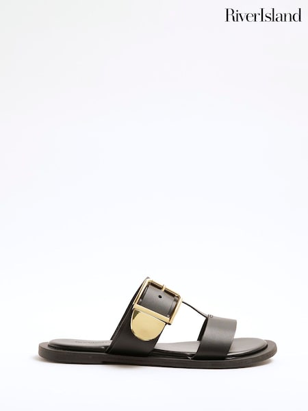 River Island Black T-Bar Buckle Flat Sandals (F86668) | ₪201