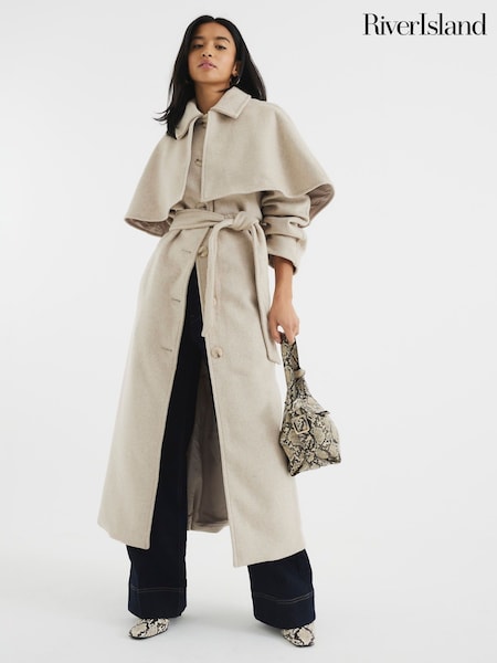 River Island Beige Petite Wool Blend Cape Coat (F86774) | AED577
