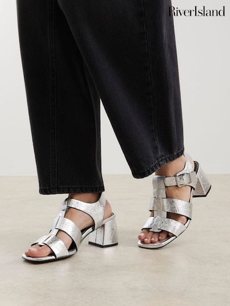 River Island Silver Fisherman Block Heel Sandals (F86777) | €45
