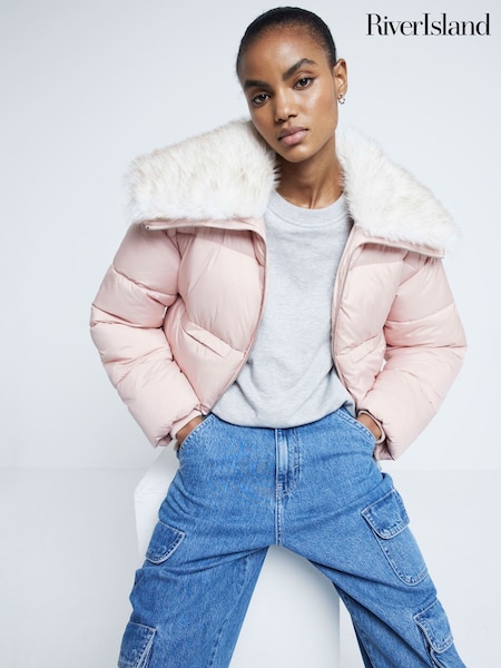 River Island Padded Faux Fur Trim Bomber Jacket (F86781) | ‏397‏₪