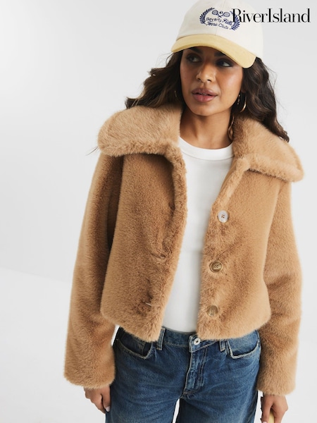 River Island Brown Petite Beige Faux Fur Button Up Jacket (F86793) | €92