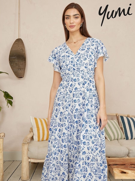 Yumi Blue Floral Printed Broderie Anglaise Ruched Waist Midi 100% Cotton Dress (F86871) | €95