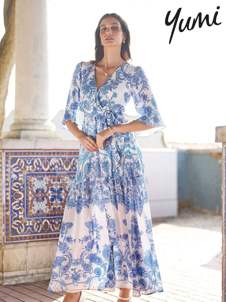 Yumi Blue Paisley Wrap Midi Dress With 3/4 Sleeves (F86877) | 346 QAR