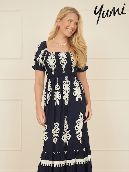 Yumi Blue Block Print Viscose Ruched Midi Dress (F86880) | €69