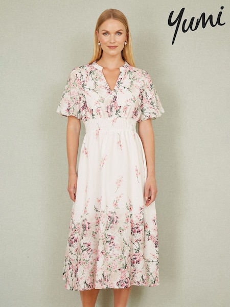 Yumi Cream Mirrored Floral Button Up Midi Dress With Ruched Waist (F86890) | €115