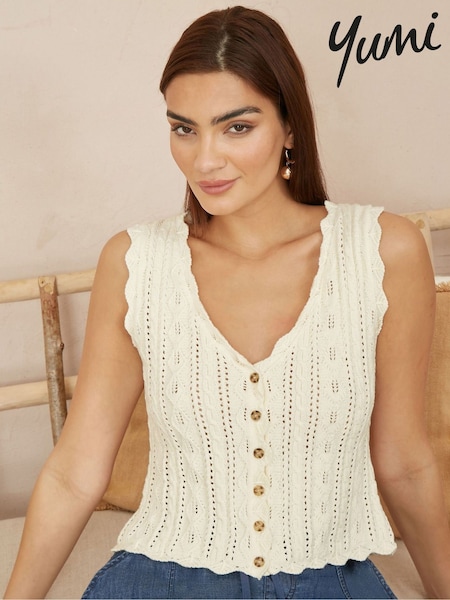 Yumi Cream V-Neck Button Down Crochet Knitted Top (F86898) | ₪226