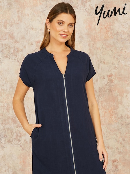 Yumi Blue Viscose Zip Tunic Dress (F86901) | ₪277