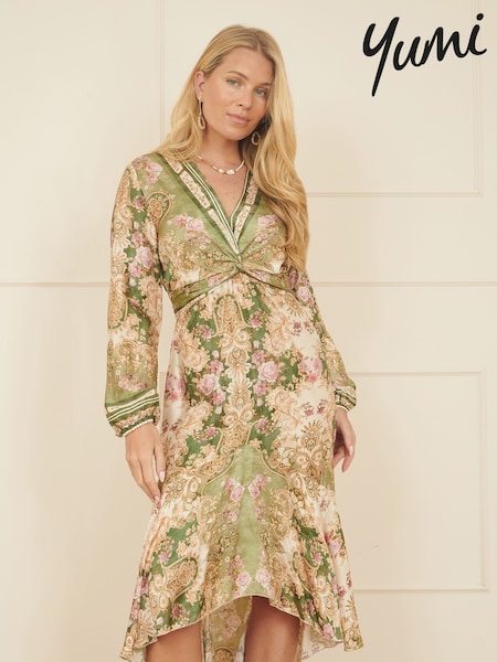 Yumi Green Viscose Scarf Print Tie Front Midi Dress With Dip Hem (F86902) | 4,506 UAH