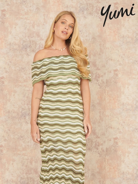 Vihreä - Yumi Stripe Crochet Knit Bardot Midi Dress (F86904) | €95