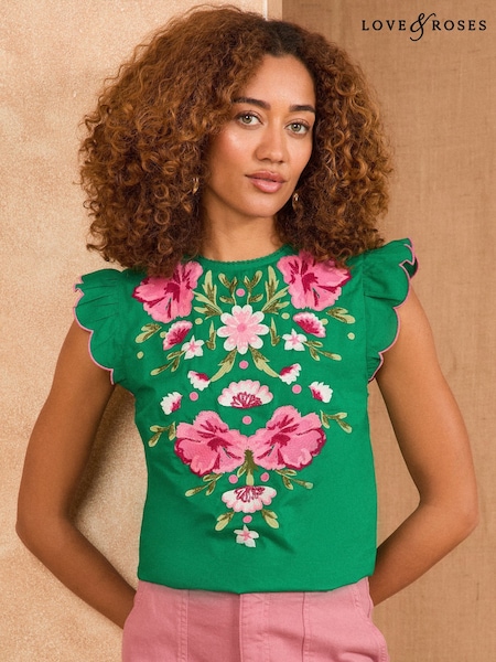 Verde - Love & Roses Crew Neck Short Sleeve Embroidered Top (F86911) | 290 LEI