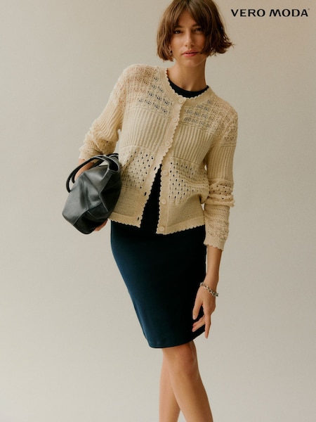 VERO MODA Cream Lightweight Long Sleeve Crochet Knit Cardigan (F86964) | ₪181