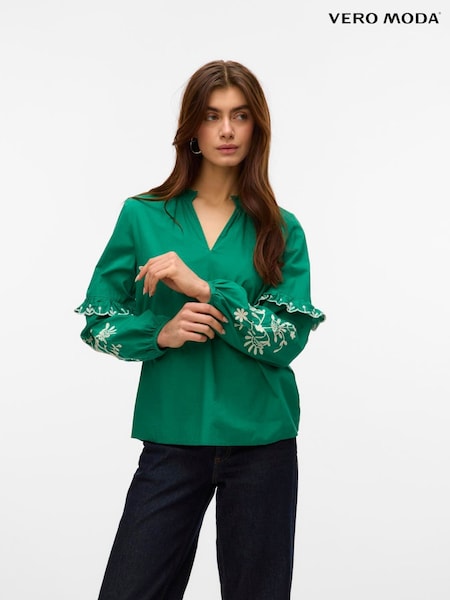 VERO MODA Green Long Sleeve Blouse with Embrodered Sleeves (F86974) | AZN 113