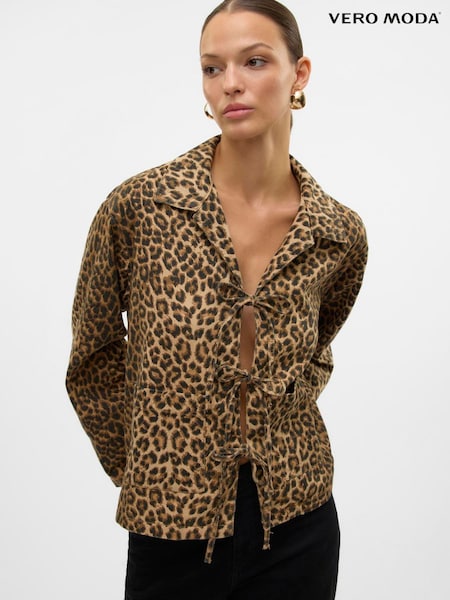 VERO MODA Brown Long Sleeve Bow Leopard Print Denim 100% Cotton Jacket (F86976) | €82