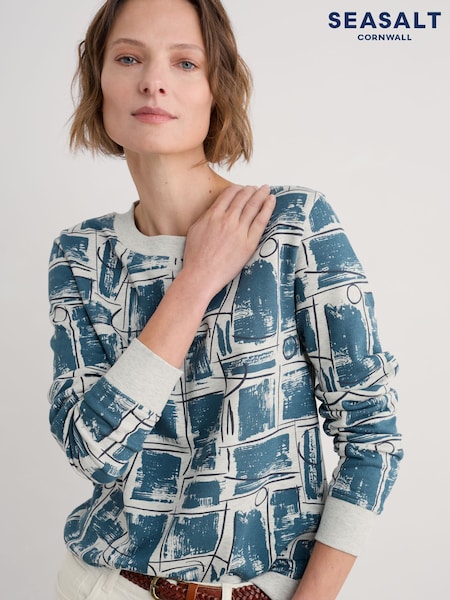 כחול  - Seasalt Cornwall Bright Wave Printed 100% Cotton Sweatshirt (F87001) | ‏267‏₪