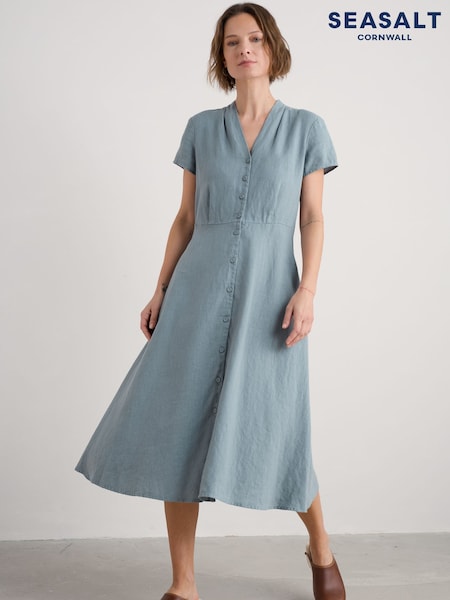 Seasalt Cornwall Blue Carved Wood Midi 100% Linen Dress (F87004) | kr1 285