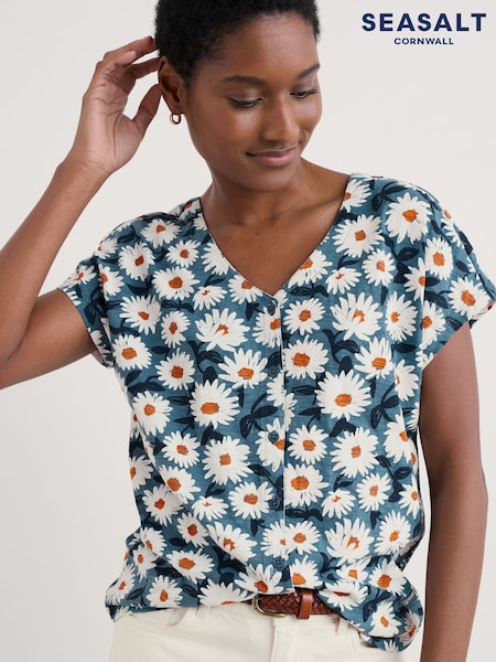 Seasalt Cornwall Blue Studio Glass V-Neck Jersey 100% Cotton Top (F87034) | ₪181