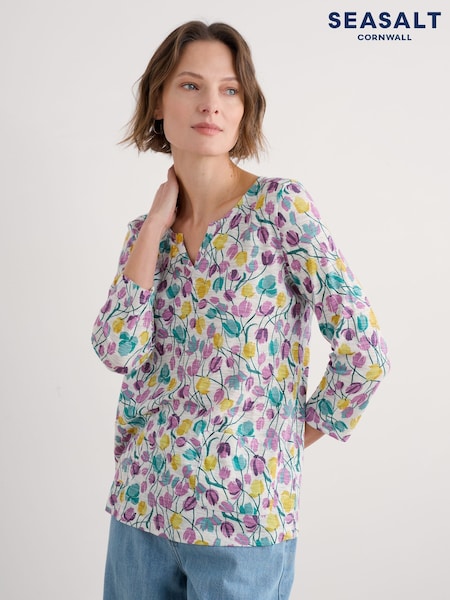 Seasalt Cornwall Black Gypsophilia Notch Neck 100% Cotton Top (F87035) | ₪201