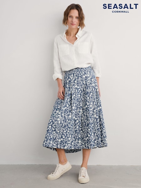 Seasalt Cornwall Blue Jamboree Chambray Midi 100% Cotton Skirt (F87037) | ₪352