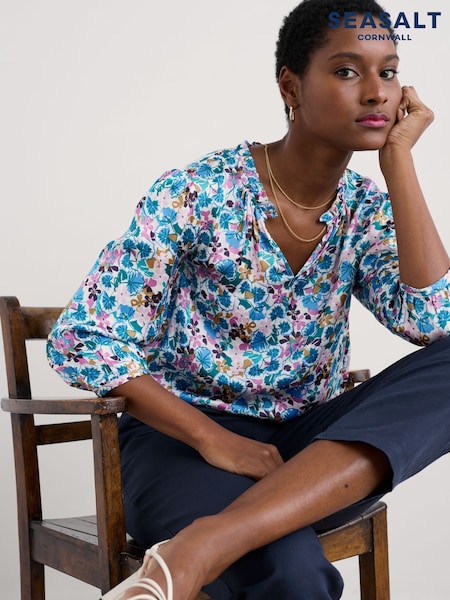 Коралловый с голубым - Seasalt Cornwall Multi Flower Weave Satin Frill Neck Print Blouse (F87051) | €95