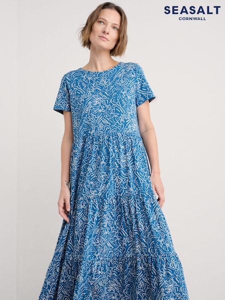Seasalt Cornwall Blue Tall Line Strokes Short Sleeve 100% Cotton Dress (F87100) | €89