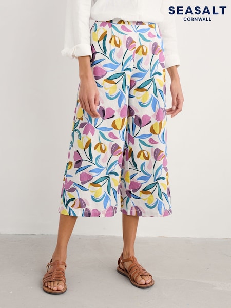 Seasalt Cornwall Black Multi Peaceful Haven 100% Linen Culottes Trousers (F87106) | €96