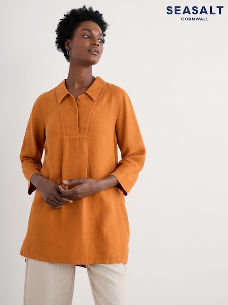 Seasalt Cornwall Yellow Tide Clock 3/4 Sleeve 100% Linen Tunic (F87113) | ₪382