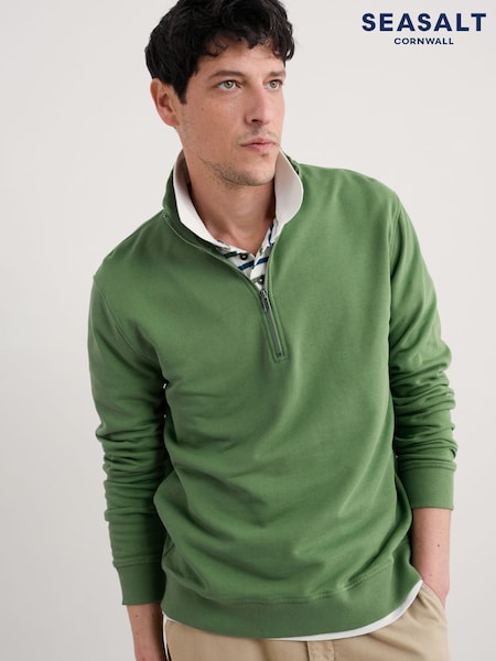 Seasalt Cornwall Green Mens Wood Moss Quarter Zip 100%  Cotton Sweatshirt (F87138) | AED349