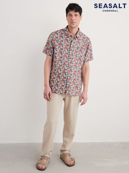Seasalt Cornwall Blue/Pink Mens Heron Short Sleeve 100% Linen Shirt (F87149) | €111
