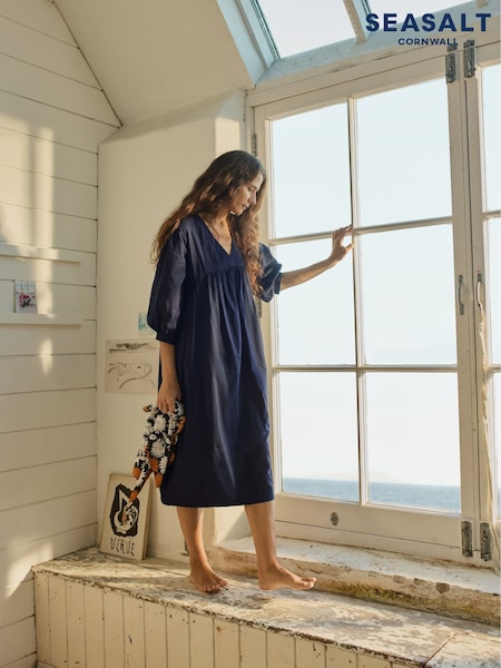 Seasalt Cornwall Light Blue Earth Colours Kaftan 100% Cotton Dress (F87151) | €111