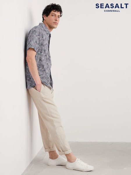 Seasalt Cornwall Blue Mens Blue Heron Short Sleeve 100% Linen Shirt (F87171) | €110