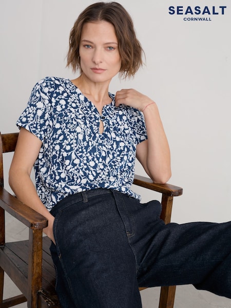Seasalt Cornwall Blue Barnoon Jersey Printed Short-Sleeve Blouses (F87186) | €63