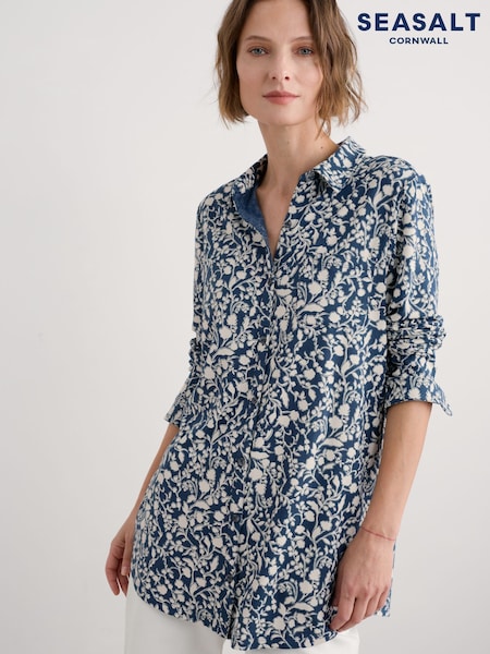 Seasalt Cornwall Blue Dove Plant Jersey Button Through Shirt (F87203) | ₪302
