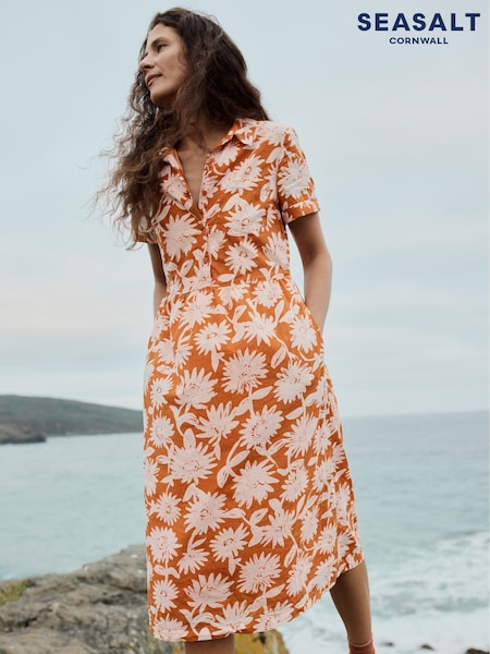 Seasalt Cornwall Orange 100% Cotton Fleet Checked Midi Dress (F87204) | €102