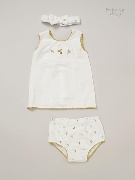 Rock-A-Bye Baby Boutique Printed 100% Cotton  White Dress, Knickers and Headband Outfit Set (F87310) | ₪101